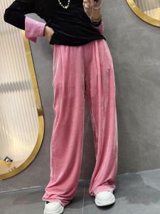 Pink Silk Velvet Wide Leg Pants Womens Autumn Winter High Waist New Chinese Style Fleece Lined Silk Velvet Trousers
