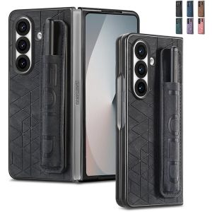 Cho Galaxy Z Gấp 7 6 5 4 Da Trường Hợp Với S kẹp giữ bút & Dây Đeo có dây đeo cổ tay Ốp lưng bằng da Cứng PC Chống Sốc Ngón Tay vỏ bọc Bộ điều khiển Cho Nam Nữ Cô Gái Màu Đen