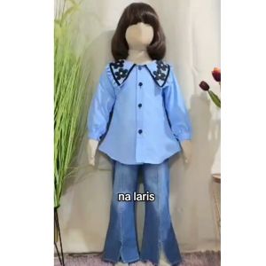 SETELAN TERBARU ANAK PEREMPUAN MOTIF KEMEJA POLOS KRAH BUNGA CELANA CUTBRAY JEANS USIA 3-10 TAHUN/SET ANAK KOMBINASI KRAH BUNGA BAHN KATUN TERBARU KEKINIAN VIRAL DI TIKTOK