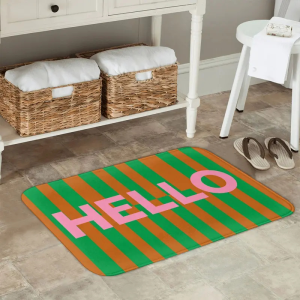 VIKAMA Stripe Hello Green Orange Pink Bold Letter Art Flannel Door Mat Non Slip Entryway Bedroom Living Room Home Decor Vintage