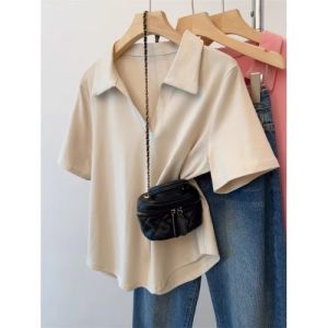 Black Polo Neck V-Neck Oversized Women T-Shirt