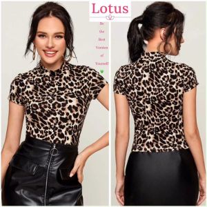 Lotus] Áo Thun Nữ Đẹp Màu Da Báo Leopard Sang Trọng Dễ Phối Với Chân Váy & Quần Jeans/ Áo Kiểu Tay Ngắn Form Ôm Body Tôn Dáng