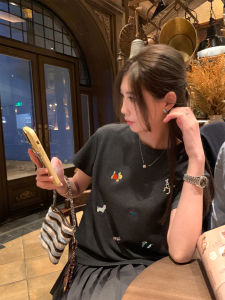 Ayi Double-Sided Baby Soft Cotton Embroidered Dog Short Sleeve T-Shirt Womens Loose White Shoulder Top Korean Style Spring Cotton