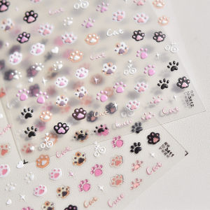 Nail Stickers Cat Cute Jelly Pink Cat Paw Cartoon 5D Embossed Relief Self Adhesive Nail Art Sticker 3D Manicure Decals DIY Parts