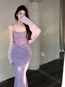 ชุดเดรสยาวคลุมเข่าทรงเอเอวสูงแขนกุดสีม่วงสำหรับผู้หญิง ชุดสองชิ้น เสื้อคาร์ดิแกนถัก เสื้อคลุม เดรสเซ็กซี่เข้ารูป