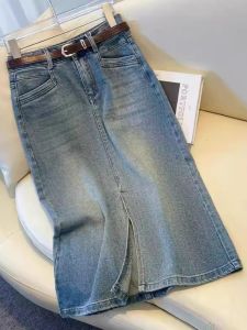 กระโปรงยีนส์ทรงเอเอวสูงสไตล์ย้อนยุคสำหรับผู้หญิง ฤดูใบไม้ผลิและฤดูใบไม้ร่วง 2025 กระโปรงทรงเอยาวปานกลางแบบใหม่เอวสูง