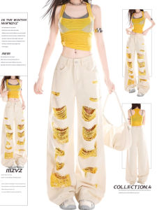 Quần Jeans Nữ Ống Rộng Cạp Cao Màu Vàng Retro MZVZ Quần Dài Thường Ngày Mùa Hè Thời Trang Thường Ngày