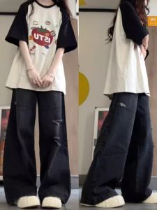 Retro American High Street ปัก เดนิม กางเกง ผู้หญิง ฤดูร้อน สไตล์ใหม่ฝูงชนขนาดเล็กเผ็ดน้ําล้างหลุมขากว้าง กางเกงขายาว