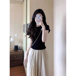 Hong Kong Style Purple Short Sleeve T-Shirt Womens Summer New Design Sweet And Spicy Small Top Dopaamine Matching round Neck