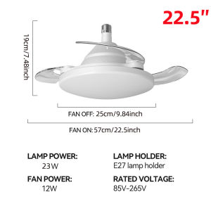 LED Fan Light with E27 Base Invisible Retractable Blade Mute Remote Control Dimmable for Living Room Bedroom Study