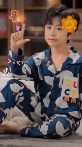 Setelan Baju Tidur Piyama Loungewear Long Pajamas - Navy Kerah Putih