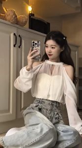 French Style Halterneck off-the-Shoulder Shirt Pure Desire Style Female Spring and Summer New Design Sense Niche Loose Slimming Long Sleeve Top