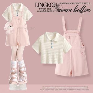 NUMEN BUTTON | Summer Preppy Style Large Size Suit Polo T-Shirt Denim Shorts Set