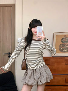 Retro American Color Block Stripe Long Sleeve T-Shirt Womens Sweet Spicy Waist Cinched Shoulder Bared Side Collar Short Style