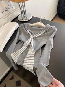 Sweet Preppy Style Long Sleeve T-Shirt Women Early Autumn 2025 New Ageless Slim Fit Top Trendy Navy Collar Shawl Casual Wear