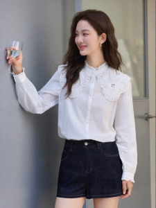 Vimly | Áo Sơ Mi Cotton Cổ Đứng Có Nếp Nhăn và Ren Thiết Kế Pháp