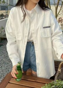 Retro Hong Kong Style Loose Denim Shirt Jacket Womens Spring Autumn Long Outerwear Korean Version Pure Color Polo Collar