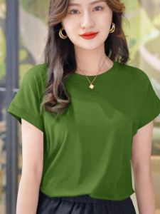 New 2024 Womens Ice Silk Short Sleeve T-Shirt round Neck Thin Summer Fashionable Top Comfortable Polyester Fiber Straight Cut