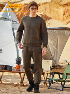 Jeep | Jeep Mens Knitted Set Thickened Warm Round Neck Sweatshirt Autumn Winter Elastic Breathable Pants Cotton Polyester Spandex Blend