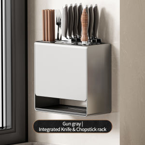 Gray Integrated Knife Chopstick Holder Dual Use Countertop Wall Mount Kitchen Storage Rack
