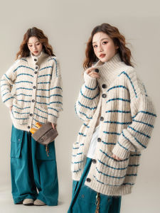 Lazy Style Striped High-neck Loose Sweater Cardigan