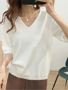 White V-Neck Knitted T-Shirt Womens Loose Fit Thin Five-Quarter Sleeve Base Shirt Spring Autumn Summer Casual Style Pure Color