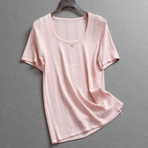Pure Color Hollow out Knitted Thin Breathable Sweet Style Womens T-Shirt Short Sleeve Summer Casual Slim Fit round Neck Top