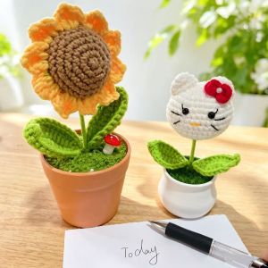 Sanrio | Finished Crochet Sunflowers Hellokitty Potted Emotional Support Artificial Flowers Bouquets Home Table Car Interior Decor