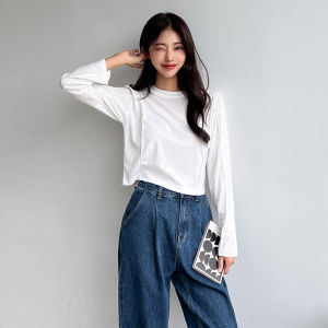 เสื้อยืดแขนยาวผ้าโมดอลสำหรับผู้หญิง นุ่มสบาย สัมผัสได้ เอฟเฟกต์ตกปล่อย ทรงเข้ารูป สีพื้น เสื้อชั้นในสไตล์เกาหลี