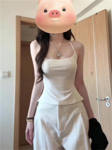 Áo Vest Nữ Cổ Treo Màu Trắng Có Đệm Ngực Áo Khoác Ngoài Áo Lót Áo Vest Ngắn Dáng Ôm Chất Liệu Khác Mùa Xuân 2025