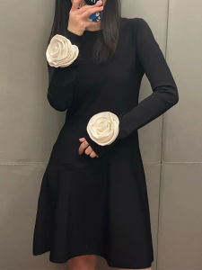 ชุดเดรสสไตล์ฝรั่งเศสสำหรับผู้หญิง 2025 ดีไซน์ใหม่ ดีไซน์เก๋ไก๋ ดอกไม้ 3 มิติ กระโปรงทรงเอ เอวสูง แขนยาว สีพื้น ชุดเดรสสั้น