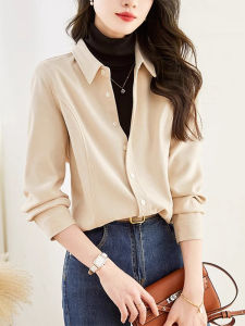 เสื้อเชิ้ตผู้หญิงฤดูใบไม้ร่วงและฤดูหนาวแบบหนาพิมพ์ลายสีล้วนสไตล์วินเทจ OL เสื้อเชิ้ตชั้นในแบบมีฮู้ดแบบสวมใส่หลายชั้นสำหรับผู้หญิง