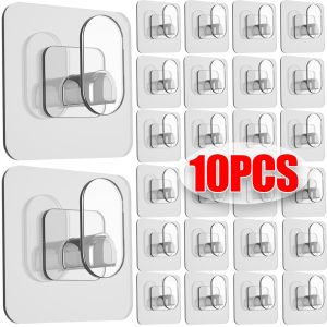 10Pcs Self Adhesive Transparent Hooks Wall Mounted Bath Kitchen Storage Rack Keys Towels Clothes Heavy Load Hook