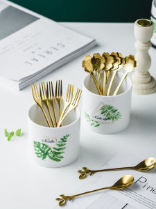 European Style Stainless Steel Fruit Fork Ceramic Dessert Spoon Home Use Fruit Fork Set Small Luxury Creative  Style