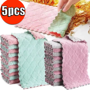 5Pcs Household Dishcloth Microfiber Kitchen Towel Double-Sided Dish Towel Non-Stick Oil Washing Rag Reusable Cleaning Towels Kitchen Cleaning Cloth