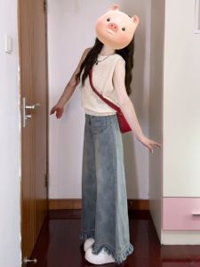 กางเกงยีนส์ขากว้างเอวสูงสไตล์อเมริกันย้อนยุคสำหรับผู้หญิง กางเกงขายาวทรงตรงหลวมๆ ทรงสลิมฟิต ดีไซน์ใหม่ ฤดูร้อน 2024