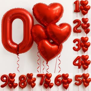 6Pcs/Set 32in Red Foil Number and 18in Heart Balloons Valentines Day Birthday Christmas Party Decorations Anniversary Halloween