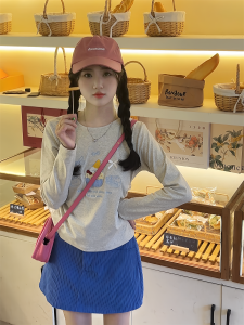 Flocking Cute Cake Long Sleeves Can Be Worn outside in Autumn and Winter Inner Wear New Arrival Print Sweet Girl Silm Shoulder T-Shirt Tops Female