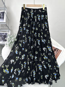 กระโปรงทรงเอผ้าชีฟองลายดอกไม้เอวยางยืด กระโปรงทรงเอ กระโปรงยาวปานกลาง เอวสูง กระโปรงจีบแฟชั่น