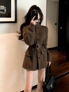 DANTING | Chanel-Style Old Money Waisted Winter Womens Cardigan Sweater Brown