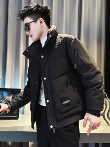 Mens Winter Thickened Warmth down Cotton Jacket Stand Collar Coat Fashionable Brand Youth Popular Daily Wear Black Zipper