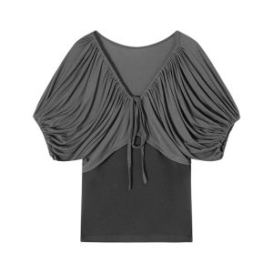 Áo Thun Nữ Tay Ngắn Cổ Chữ V Dáng Rộng Thoải Mái Mùa Hè Thiết Kế Hàn Quốc Có Thắt Lưng