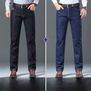 ROMON | Lormen Mens Fleece Lined Casual Thick Denim Jeans Mid Waist Zipper Closure Business Casual Long Trousers For Middle-Aged Men