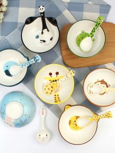 Cute Cartoon Hand-Painted Ceramic Bowl Set Healthy Underglaze Animal Pattern Korean Style Childrens Bowl Set for Daily Use
