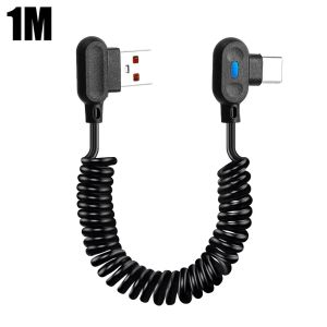 6A USB A to Type C Spring Fast Charging Cable 90 Degree Elbow Coiled Data Cord for Car Charger USB C Phone Tablet Black