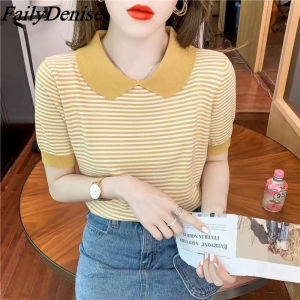 CARINE Stripe Knit Blouses for Women Korean Style Doll Collar Short Sleeve Shirt Women Loose