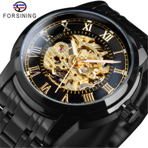 FORSINING 349 Mens Mechanical Watch Business Round Skeleton Silvery Black Stainless Steel Manual Wrist Watches for Male Clock