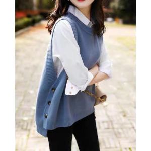 Cashmere Knitted Vest Womens Lazy Style Sweater V-neck Button Detail Pure Color Commute Suitable 18-24 Years Old