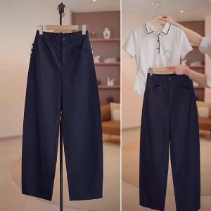 Spring Fashion Versatile Youthful Navy Blue French Elegance Casual Trousers