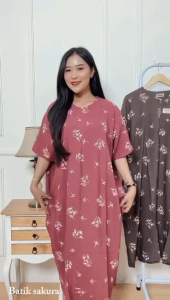 Daster Jumbo LD 140 Miranda Batik Sakura Pekalongan Motif Printing Baju Dress Piyama Panjang Wanita Tidur Bumil Busui Friendly